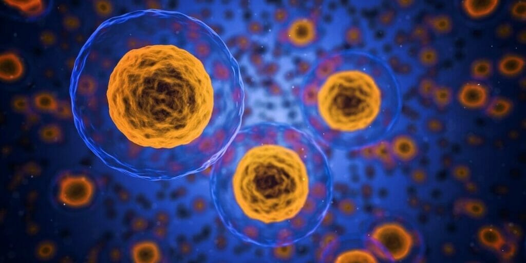 A group of cells in a blue background, exosome shines.